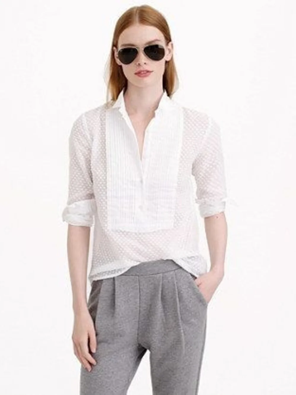 J. CREW Semi Sheer Swiss Dot Pintucked Tuxedo Bib Popover Pullover Shirt White 8